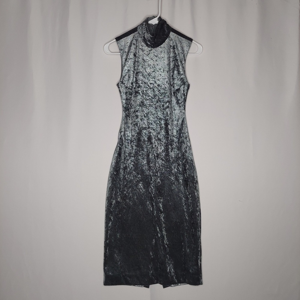 De Laru‎ Sheila Yen Velvet Open-Back Midi Dress Jr 3/5 Gray Sheath 90s Formal